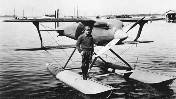 Jimmy Doolittle standing on the float of the Curtiss R3C-2 racer in 1925