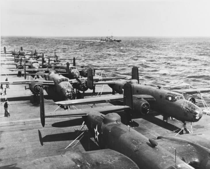 B-25 Mitchell bombers packed nose to tail on the flight deck of USS Hornet in April 1942