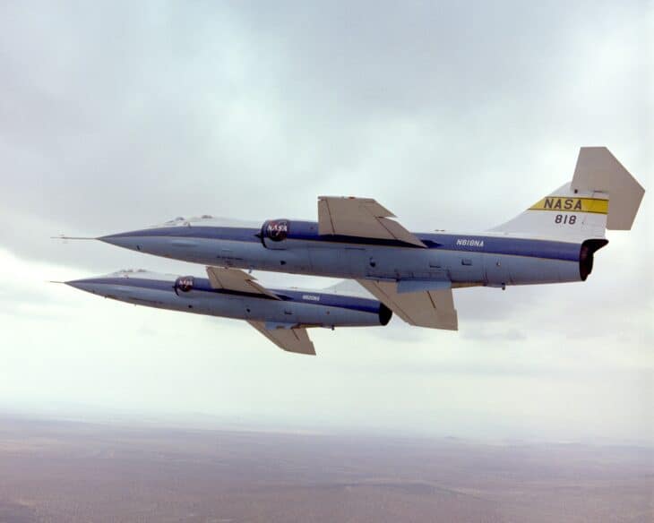 Two NASA Lockheed F-104A Starfighters flying in formation