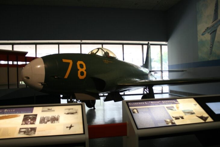Green Lockheed XP-80 Lulu-Belle prototype on display in a museum