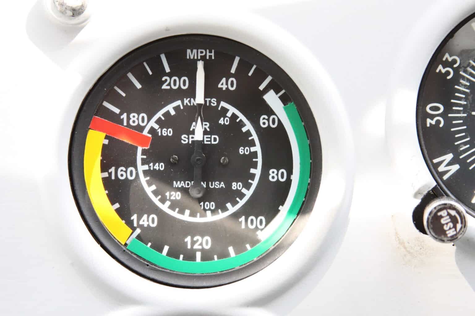 Cessna 172 airspeed indicator with an outer mph scale and a smaller inner knots scale