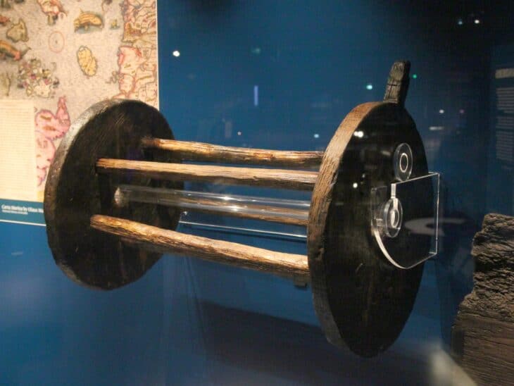 Oak reel that held the line used to measure a ship's speed, on display at the Mary Rose museum