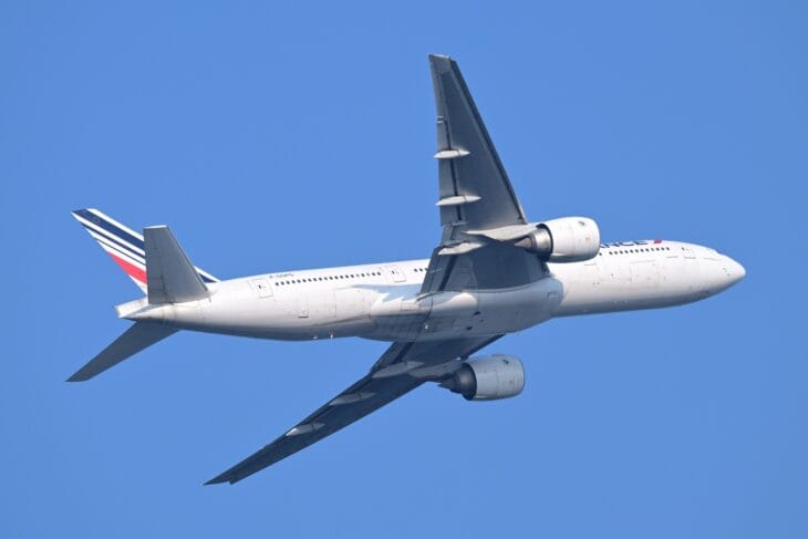 Air France Boeing 777-200ER climbing out in a banked turn