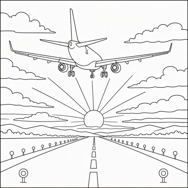 Rays from a low sun and runway lights lead toward the plane.