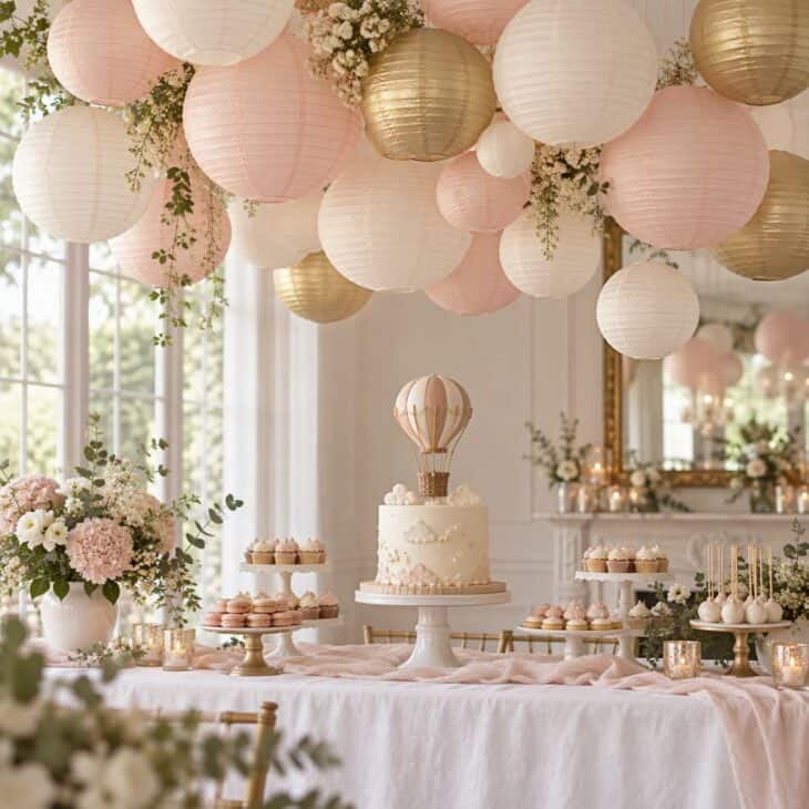 A cluster of lanterns above the sweets crowns the table.