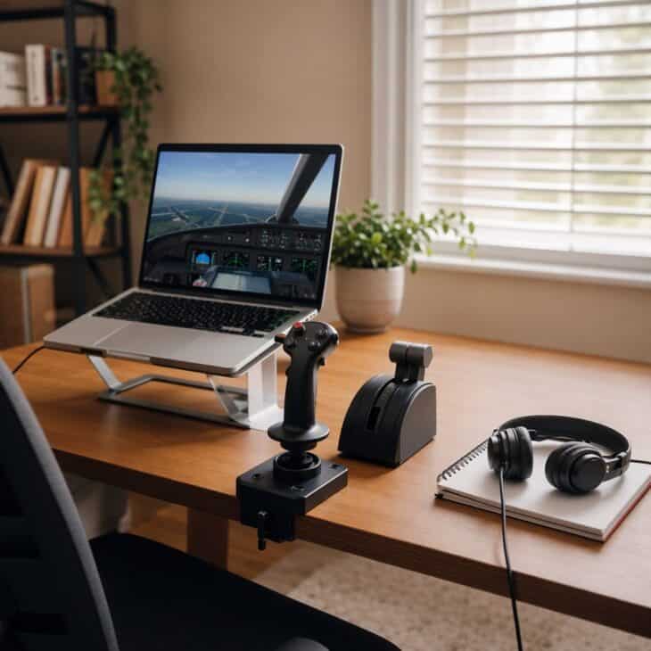 A laptop, one joystick and a headset are enough to start flying at home.