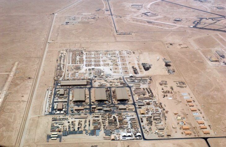 Aerial view of the ramp, hangars and support area at Al Udeid Air Base in Qatar