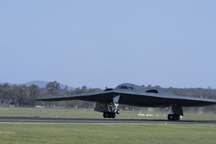 U.S. Air Force B-2 Spirit stealth bomber touching down on the runway at RAAF Base Amberley