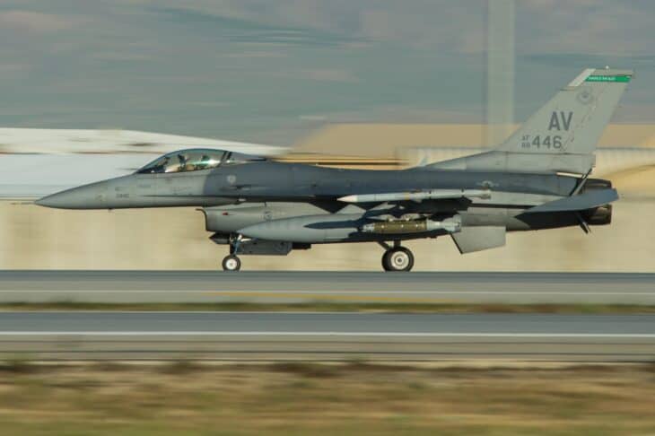 U.S. Air Force F-16 landing on the runway at Bagram Airfield in Afghanistan