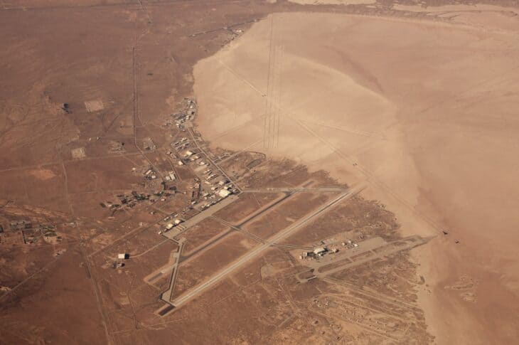 Aerial view of Rogers Dry Lake and the main base at Edwards Air Force Base, looking north