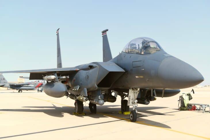 F-15E Strike Eagle on the flight line at Prince Sultan Air Base before a sortie