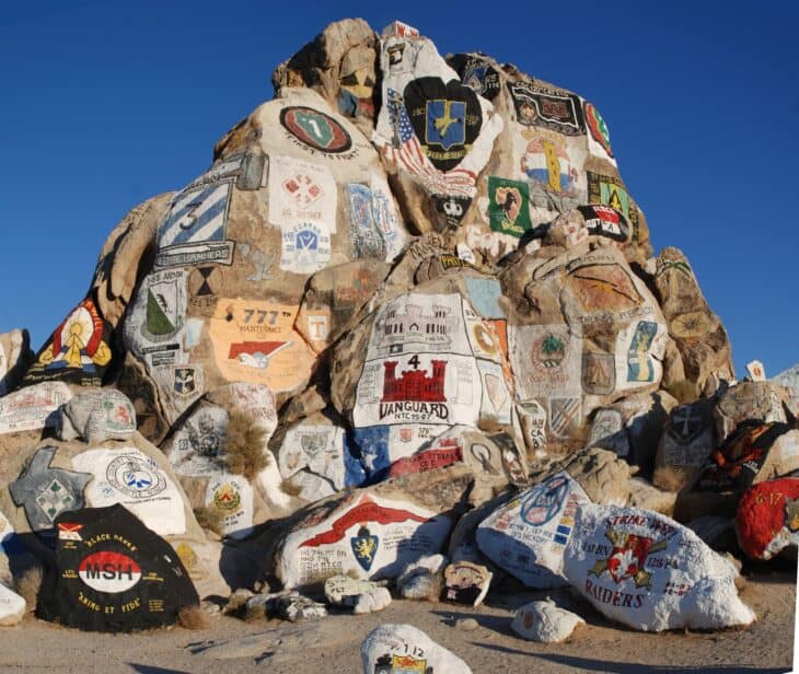 Painted unit rocks at the Army Rock at Fort Irwin National Training Center
