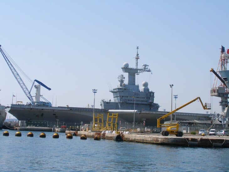 French aircraft carrier Charles de Gaulle moored at a quay in Toulon naval base