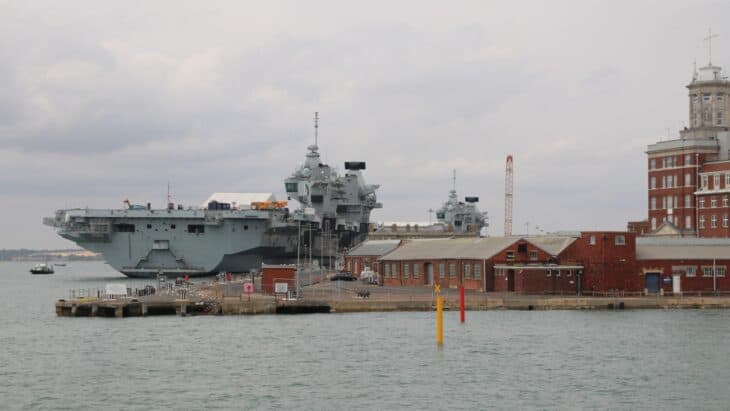 Aircraft carrier HMS Queen Elizabeth alongside the dockyard at HMNB Portsmouth