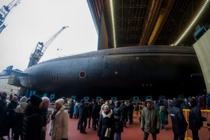 Hull of a Borei-class submarine being shown to a crowd at its launching ceremony