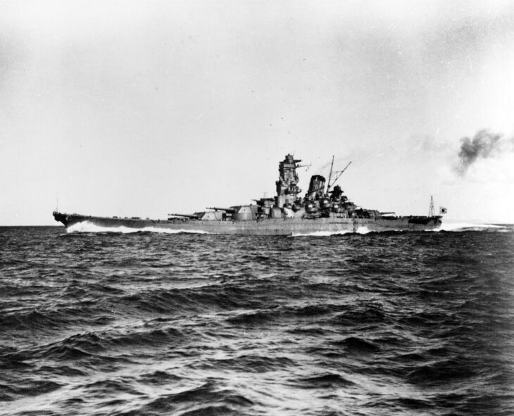 Japanese battleship Yamato running full-power trials in Sukumo Bay in October 1941