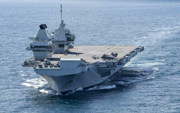 HMS Queen Elizabeth underway in the Atlantic Ocean seen from the air