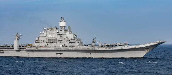 Indian aircraft carrier INS Vikramaditya steaming in formation in the Arabian Sea