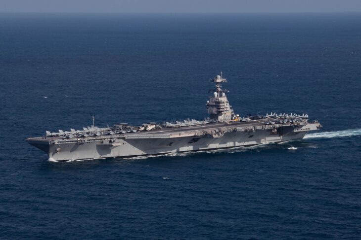 USS Gerald R. Ford steaming in the Atlantic Ocean during a strike group exercise in October 2022