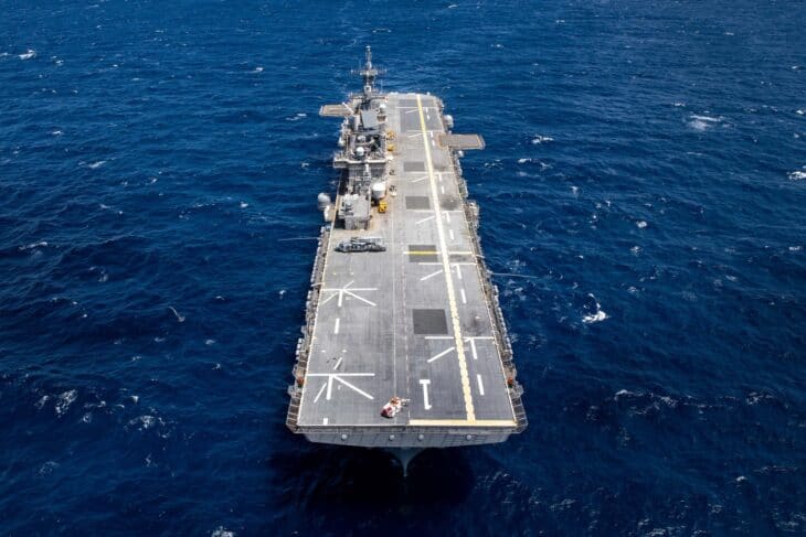 USS Wasp seen from above as it transits the Atlantic Ocean