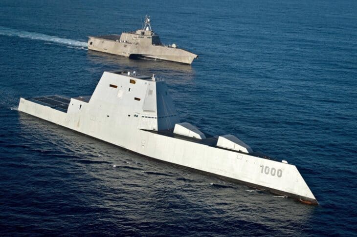 USS Zumwalt underway with the littoral combat ship USS Independence in the Pacific