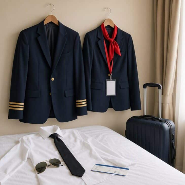 Two navy blazers with gold tape stripes and a red scarf laid out beside a suitcase and boarding pass.