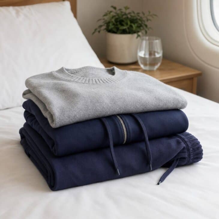 Folded grey sweater, navy zip hoodie and soft joggers on a bed