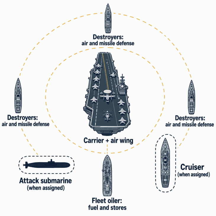 The building blocks of a carrier strike group. The cruiser and submarine are assigned to some groups and not others.