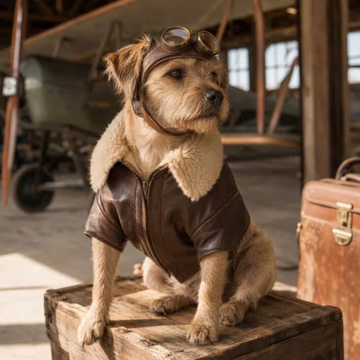 A terrier mix in a small brown leather flight jacket and goggles on a soft leather cap.