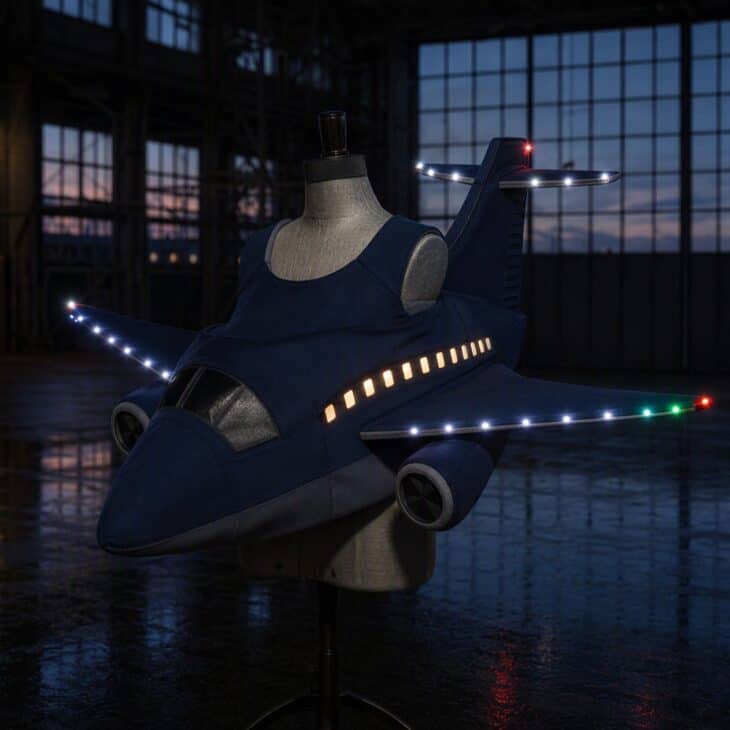 Red, green and white lights on the wing tips and tail make a night-flight plane.