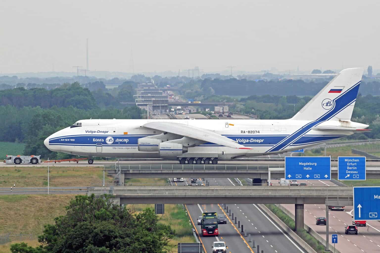 Volga-Dnepr Antonov An-124 RA-82074 taxiing past the motorway at Leipzig/Halle Airport