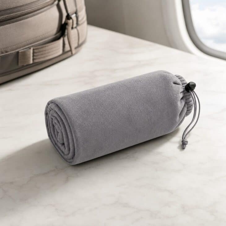 Soft grey travel blanket rolled into a small pouch
