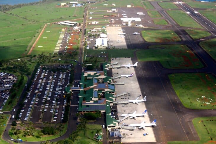 Aerial view of Lihue Airport on Kauai, with its terminal, ramp and runways