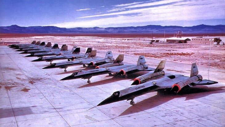 Ten A-12s lined up at Palmdale, California, a fraction of the 15 built.