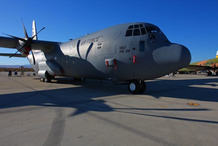 An AC-130 gunship parked on the ramp.