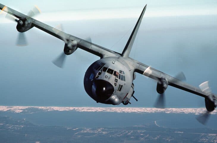 AC-130A gunship banking in a pylon turn near Hurlburt Field