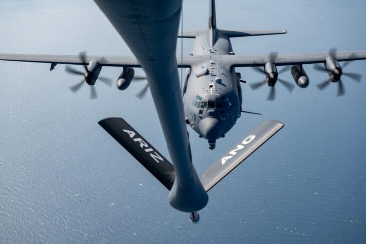 AC-130J Ghostrider approaching a KC-135 refueling boom over the Middle East