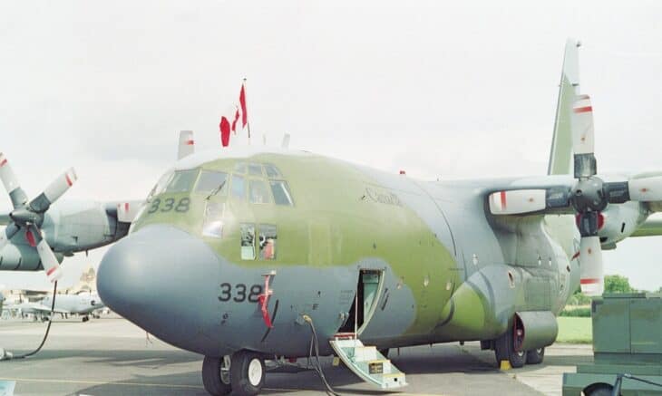 KCC-130H Hercules 130338 in green camouflage with its nose door open on the ramp at RAF Fairford