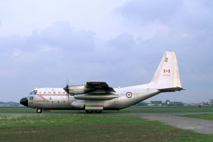Canadian CC-130H Hercules 130328 taxiing at Valkenburg in the Netherlands in May 1982.