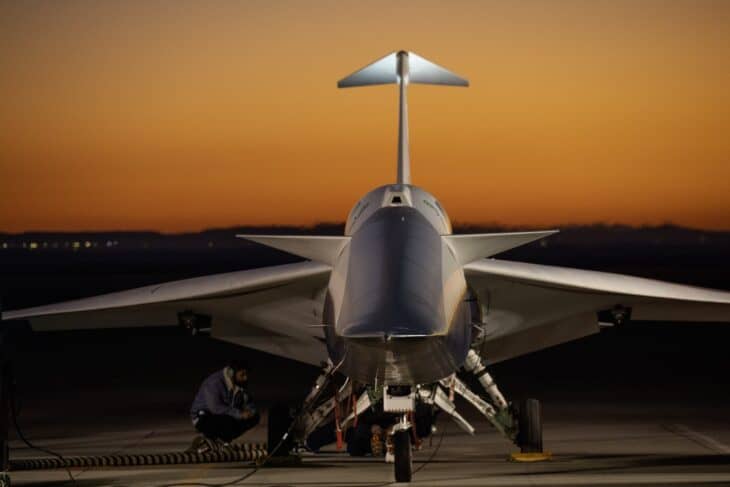 Head-on view of the X-59 at dusk with its inlet and top-mounted tail visible