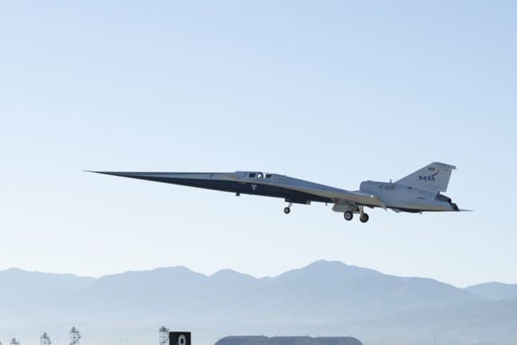 NASA’s X-59 lifts off from U.S. Air Force Plant 42 in Palmdale, California, on its first flight on October 28, 2025.