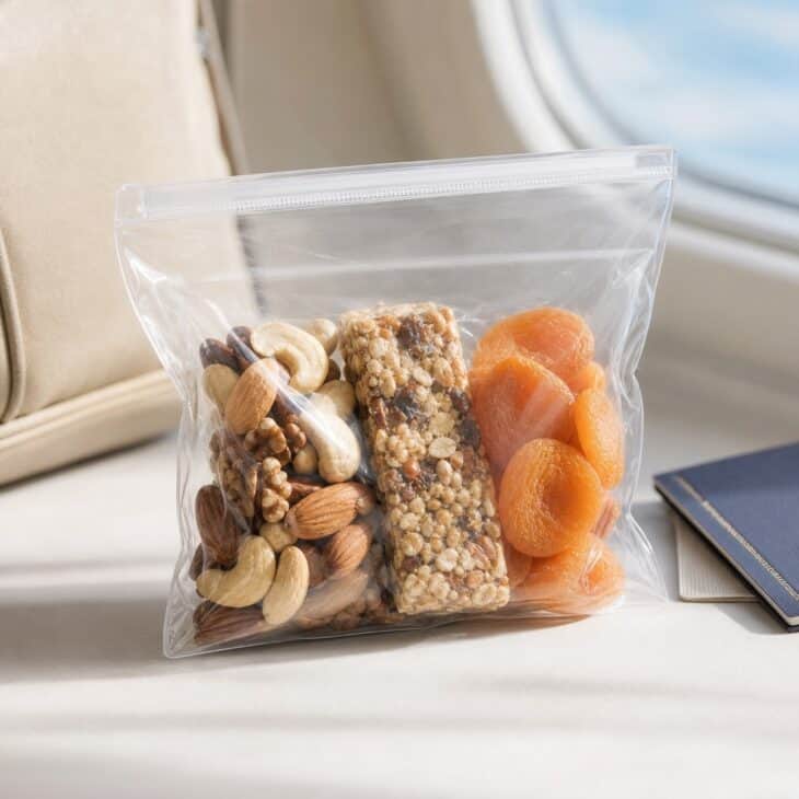 Clear bag of mixed nuts, a granola bar and dried apricots