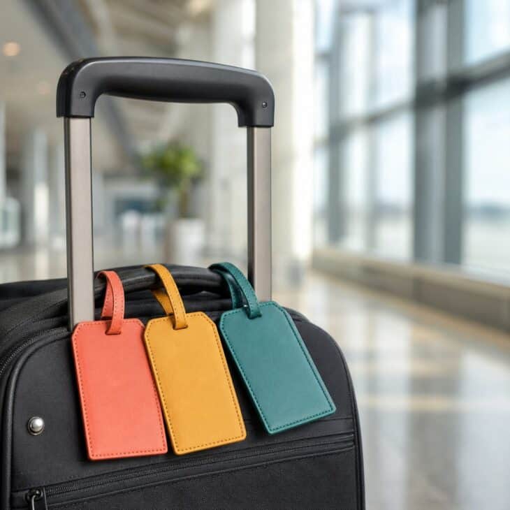 Bright tags help crew spot their bag in a crowd of black ones.