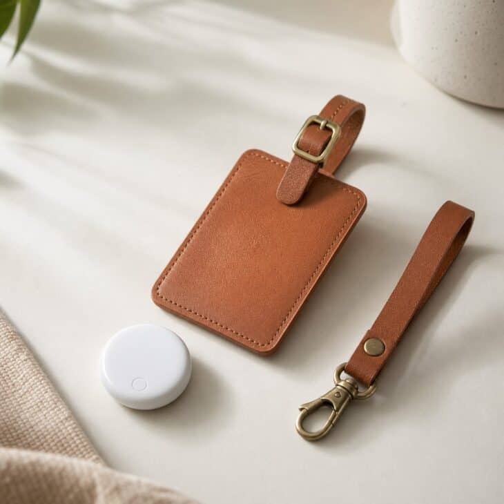 Small round white tracker tag beside a luggage tag