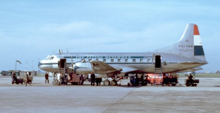 Convair 240 twin-engine airliner PH-TEB of KLM on the ramp while passengers board