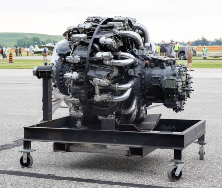 Pratt & Whitney R-2800 Double Wasp radial engine on a display stand