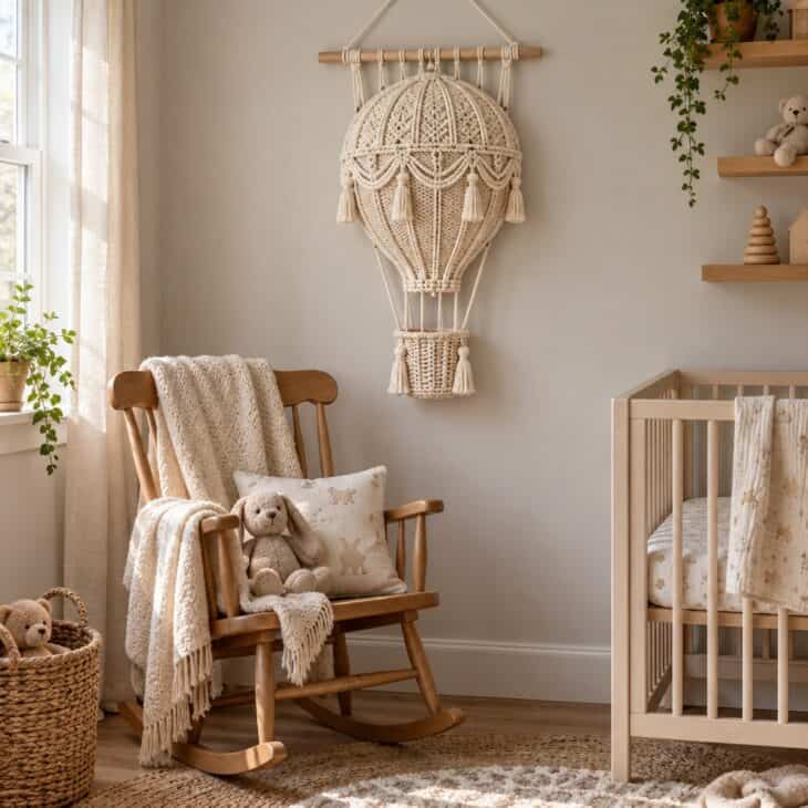 Cotton macrame adds texture to a pastel nursery.