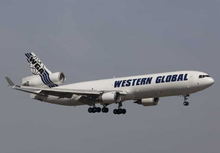 Western Global Airlines MD-11F N781SN on approach with landing gear down