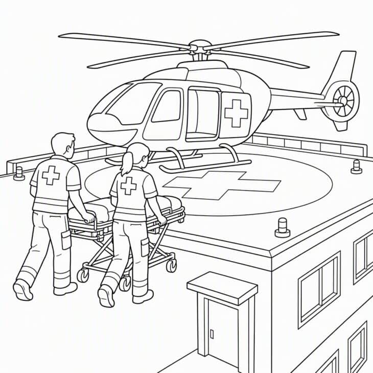 A rooftop helipad scene with plenty to color.