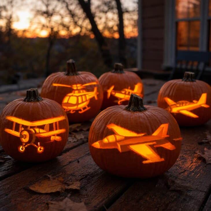 A group of small orange pumpkins each decorated as a different aircraft including a jet, a biplane, and a helicopter.